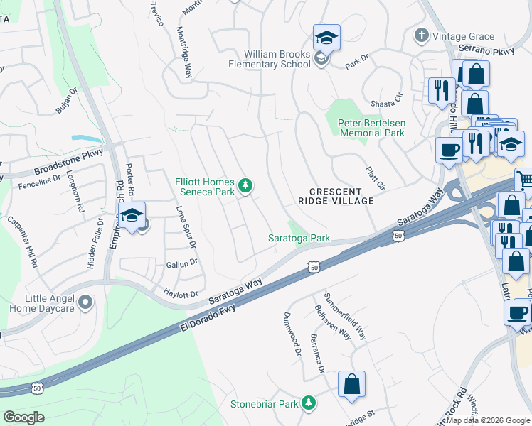 map of restaurants, bars, coffee shops, grocery stores, and more near 1245 Seneca Circle in El Dorado Hills