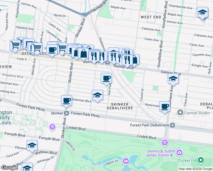 map of restaurants, bars, coffee shops, grocery stores, and more near 5960 Kingsbury Avenue in St. Louis