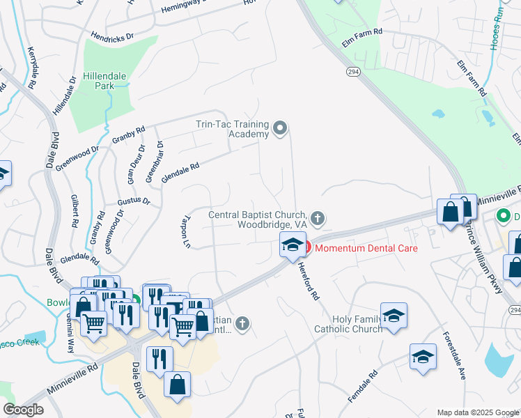 map of restaurants, bars, coffee shops, grocery stores, and more near 13871 Hydrangea Court in Woodbridge