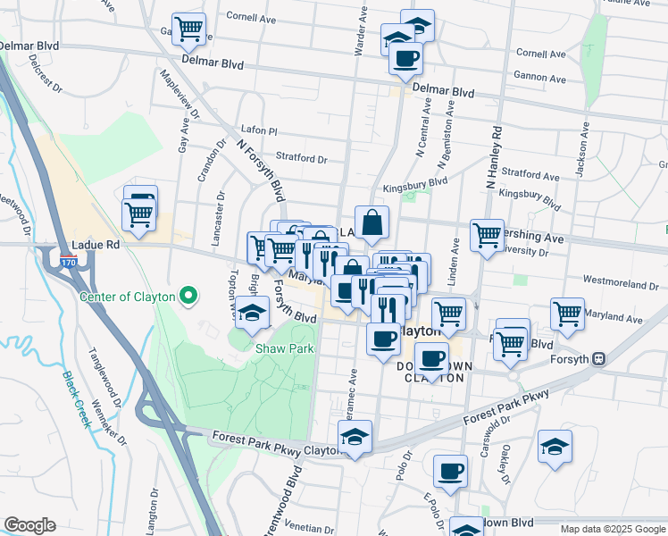 map of restaurants, bars, coffee shops, grocery stores, and more near 8025 Maryland Avenue in Clayton