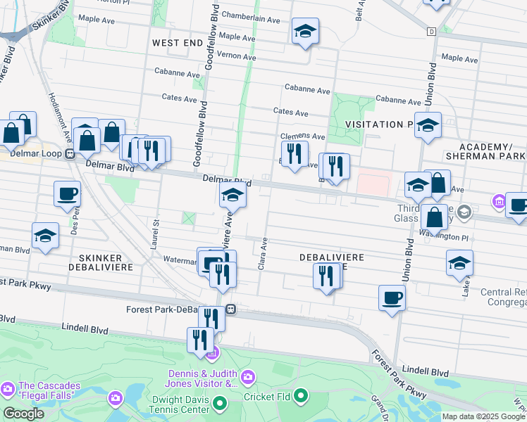 map of restaurants, bars, coffee shops, grocery stores, and more near 48 Washington Terrace in St. Louis