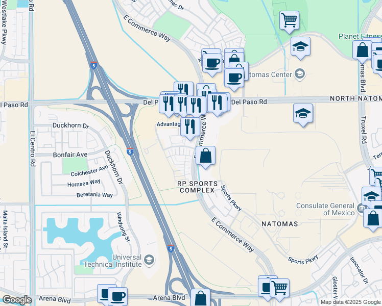 map of restaurants, bars, coffee shops, grocery stores, and more near 2938 Chatelet Walk in Sacramento