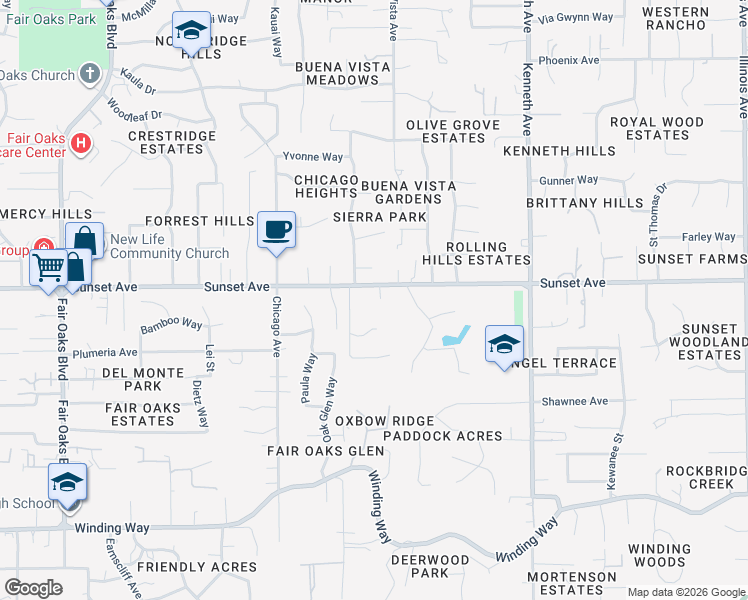 map of restaurants, bars, coffee shops, grocery stores, and more near 8386 Sunset Avenue in Fair Oaks