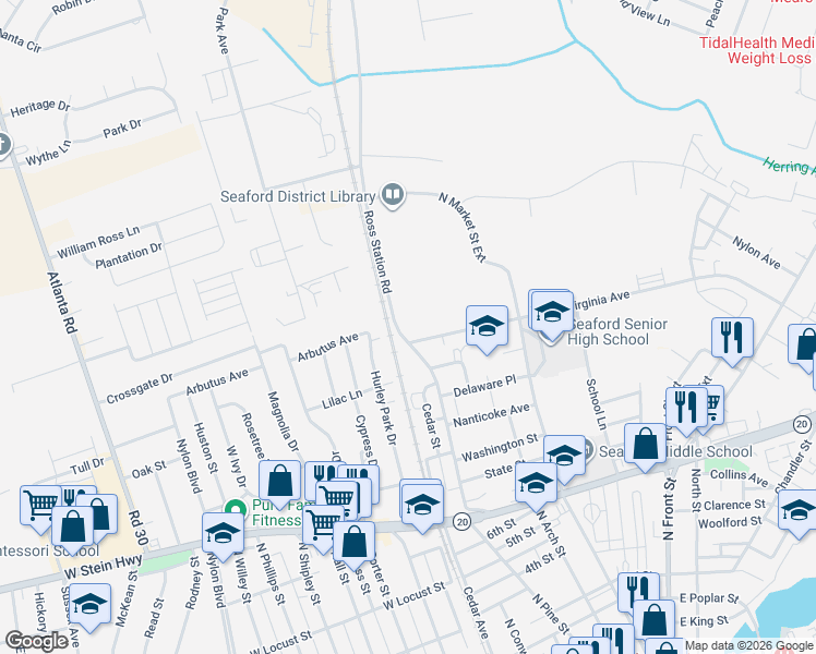 map of restaurants, bars, coffee shops, grocery stores, and more near 81 Pine Street in Seaford