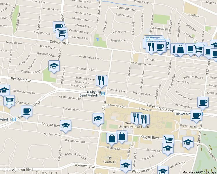 map of restaurants, bars, coffee shops, grocery stores, and more near 6965 Pershing Ave in St Louis