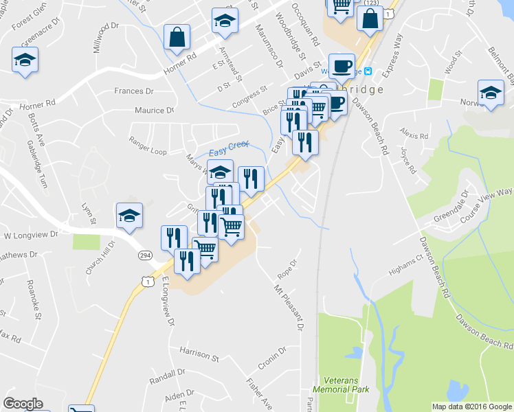 map of restaurants, bars, coffee shops, grocery stores, and more near 13775 Jefferson Davis Highway in Woodbridge
