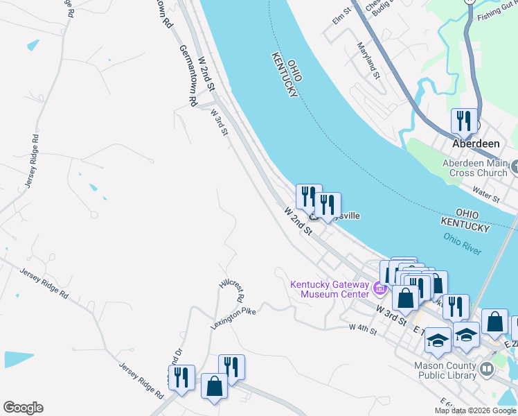 map of restaurants, bars, coffee shops, grocery stores, and more near 432 West 3rd Street in Maysville