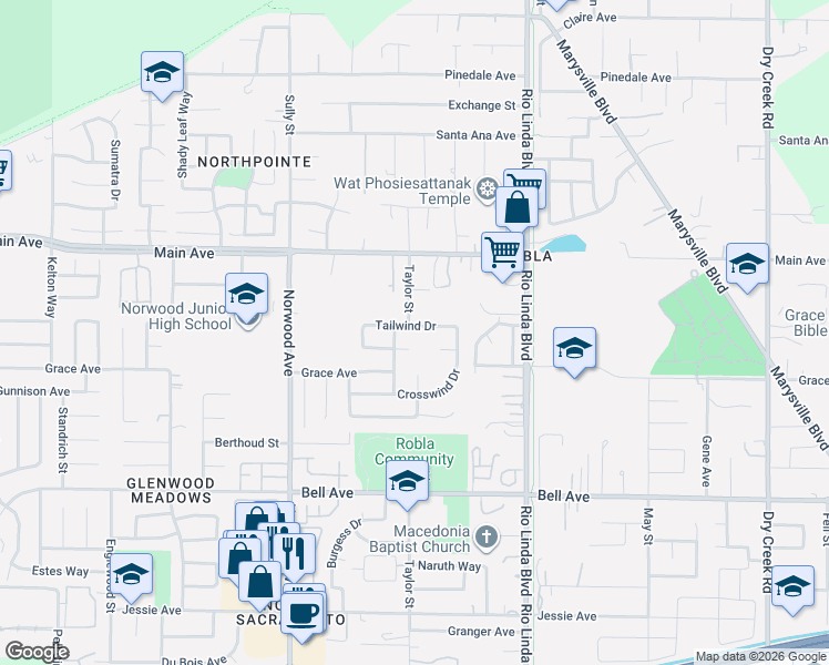 map of restaurants, bars, coffee shops, grocery stores, and more near 15 Baywind Court in Sacramento