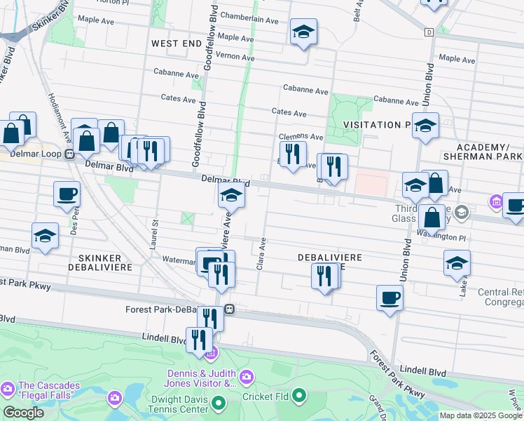 map of restaurants, bars, coffee shops, grocery stores, and more near 48 Washington Terrace in St. Louis
