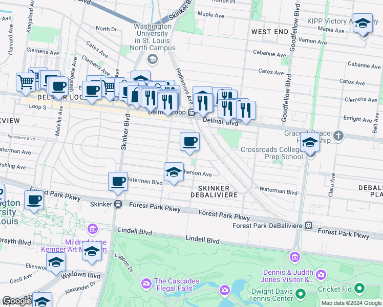 map of restaurants, bars, coffee shops, grocery stores, and more near 5960 Kingsbury Avenue in St. Louis
