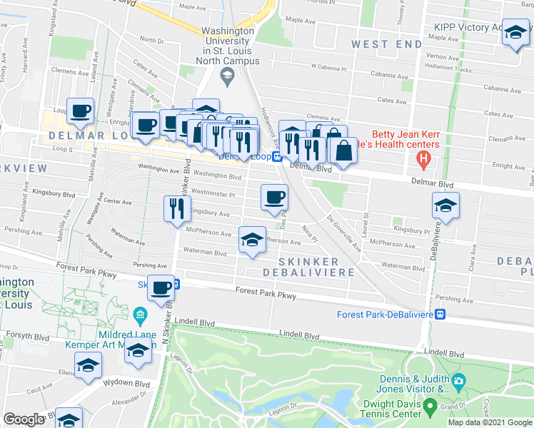 map of restaurants, bars, coffee shops, grocery stores, and more near 6040 Kingsbury Avenue in St. Louis