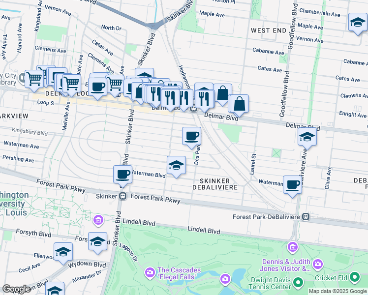 map of restaurants, bars, coffee shops, grocery stores, and more near 6040 Kingsbury Avenue in St. Louis