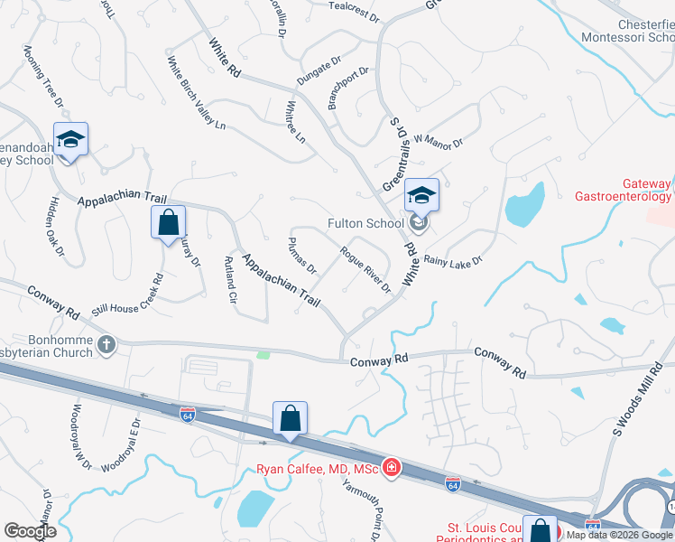 map of restaurants, bars, coffee shops, grocery stores, and more near 1280 Winema Drive in Chesterfield