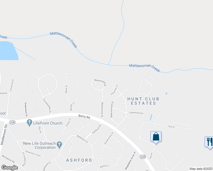 map of restaurants, bars, coffee shops, grocery stores, and more near 2260 Westwood Drive in Waldorf