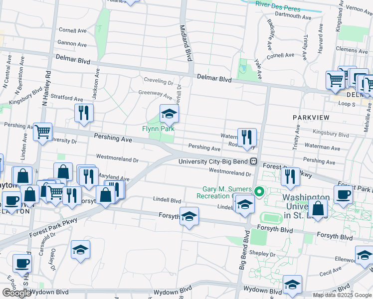 map of restaurants, bars, coffee shops, grocery stores, and more near 7161 Westmoreland Drive in University City