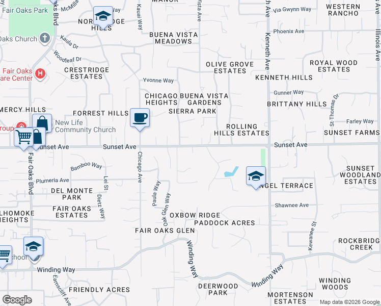 map of restaurants, bars, coffee shops, grocery stores, and more near 8386 Sunset Avenue in Fair Oaks
