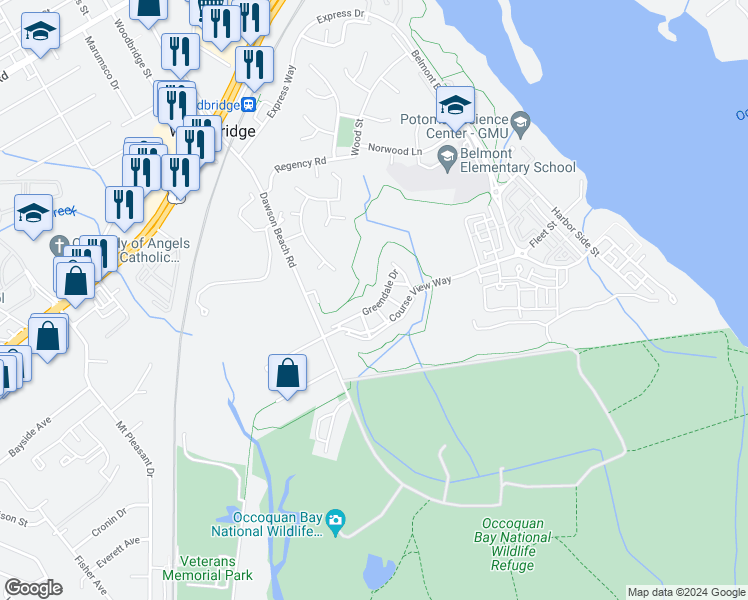 map of restaurants, bars, coffee shops, grocery stores, and more near 13918 Greendale Drive in Woodbridge