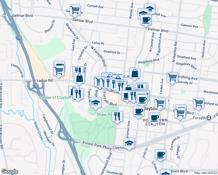 map of restaurants, bars, coffee shops, grocery stores, and more near 8133 Maryland Avenue in Clayton