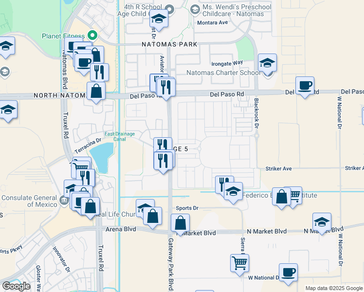 map of restaurants, bars, coffee shops, grocery stores, and more near 1829 Terracina Drive in Sacramento