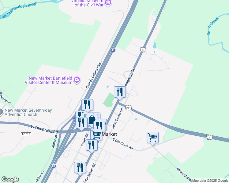 map of restaurants, bars, coffee shops, grocery stores, and more near 9215 North Congress Street in New Market