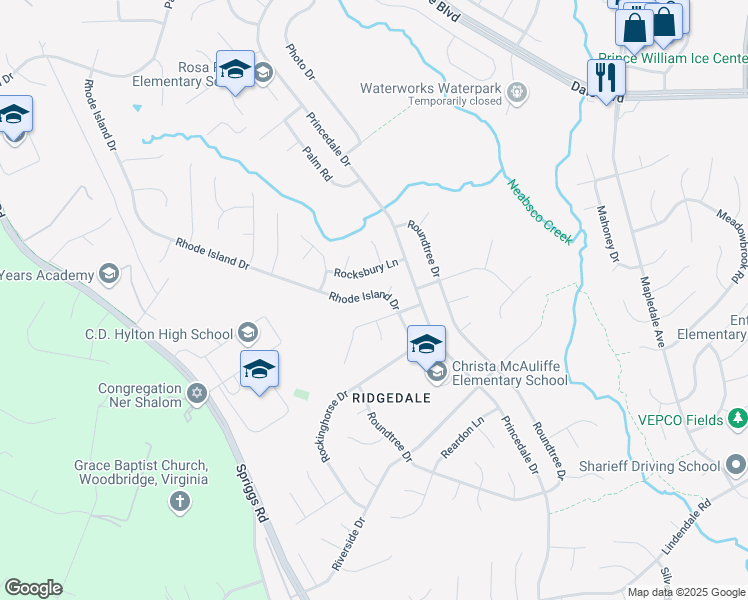 map of restaurants, bars, coffee shops, grocery stores, and more near 5717 Rhode Island Drive in Woodbridge