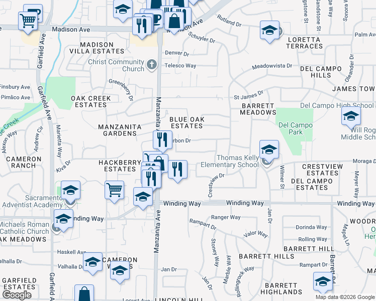 map of restaurants, bars, coffee shops, grocery stores, and more near 6043 Northcrest Circle in Carmichael