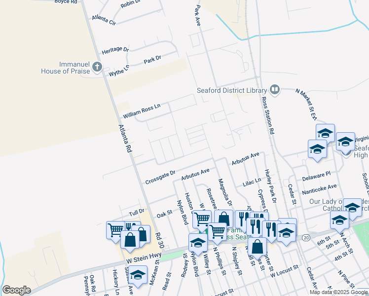 map of restaurants, bars, coffee shops, grocery stores, and more near 403 Terre Street in Seaford