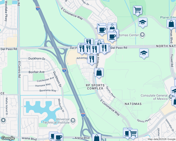 map of restaurants, bars, coffee shops, grocery stores, and more near 2938 Chatelet Walk in Sacramento