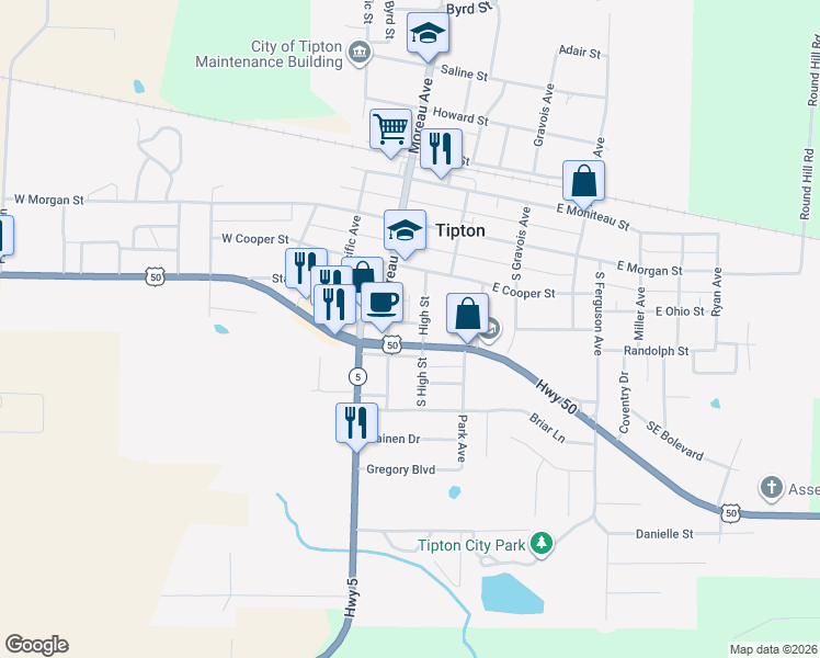 map of restaurants, bars, coffee shops, grocery stores, and more near 111-199 U.S. 50 in Tipton