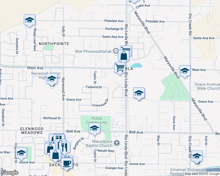 map of restaurants, bars, coffee shops, grocery stores, and more near 892 Crosswind Drive in Sacramento
