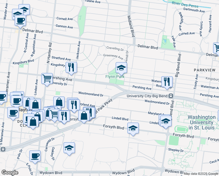 map of restaurants, bars, coffee shops, grocery stores, and more near 7299 Westmoreland Drive in University City