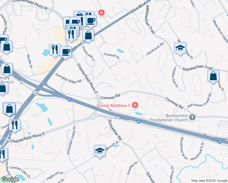 map of restaurants, bars, coffee shops, grocery stores, and more near 44 Conway Cove Drive in Chesterfield
