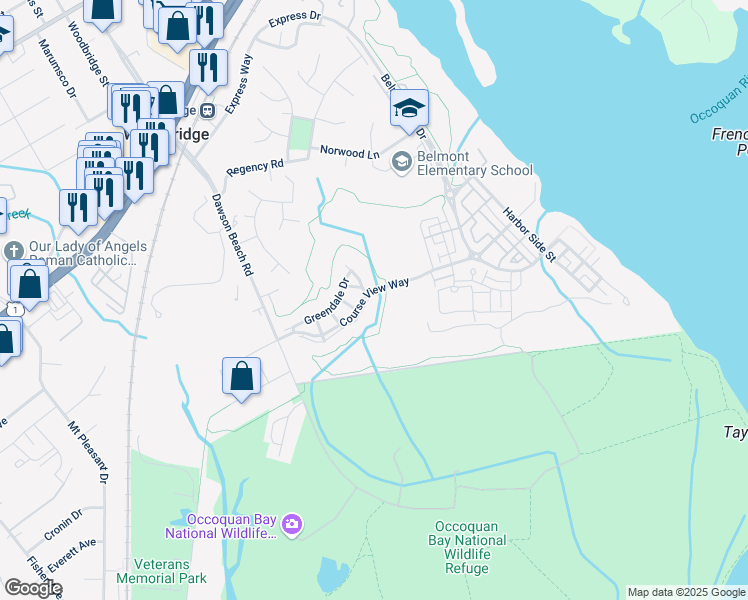 map of restaurants, bars, coffee shops, grocery stores, and more near 13803 Gullane Drive in Woodbridge