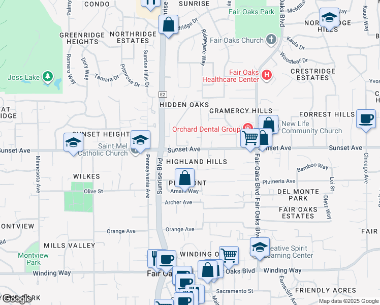 map of restaurants, bars, coffee shops, grocery stores, and more near 7984 Sunset Avenue in Fair Oaks
