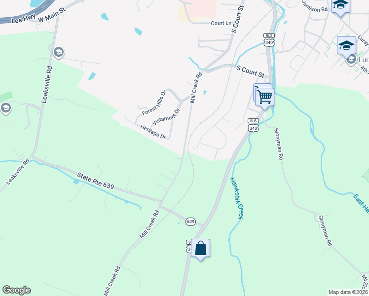map of restaurants, bars, coffee shops, grocery stores, and more near Mill Creek Road in Luray