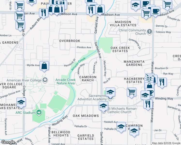 map of restaurants, bars, coffee shops, grocery stores, and more near 4772 Hixon Circle in Carmichael