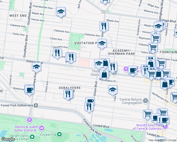 map of restaurants, bars, coffee shops, grocery stores, and more near 5340 Delmar Boulevard in St. Louis