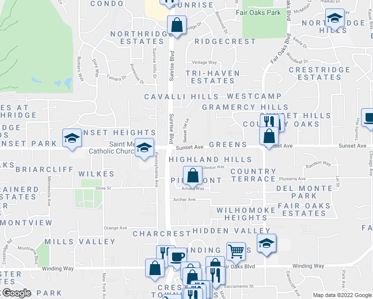 map of restaurants, bars, coffee shops, grocery stores, and more near 7966 Sunset Avenue in Fair Oaks