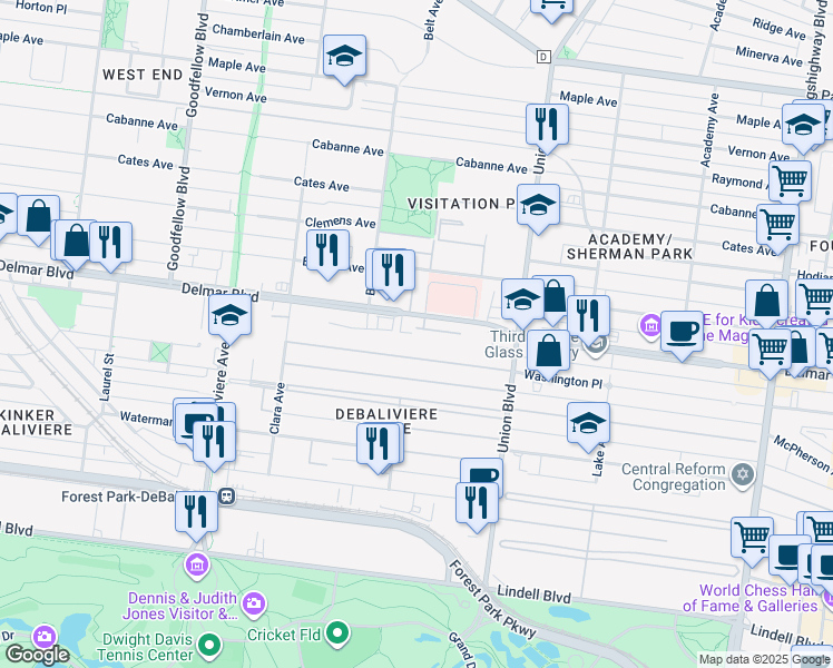 map of restaurants, bars, coffee shops, grocery stores, and more near 2 Washington Terrace in St. Louis