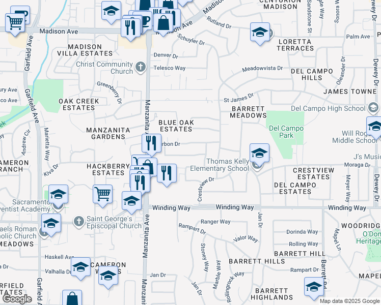 map of restaurants, bars, coffee shops, grocery stores, and more near 6021 Rye Way in Carmichael