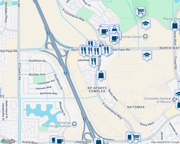 map of restaurants, bars, coffee shops, grocery stores, and more near 2938 Chatelet Walk in Sacramento
