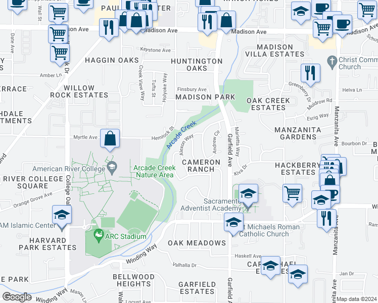 map of restaurants, bars, coffee shops, grocery stores, and more near 4841 Tono Way in Carmichael