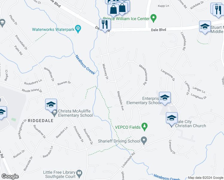 map of restaurants, bars, coffee shops, grocery stores, and more near 5366 Mansfield Court in Woodbridge