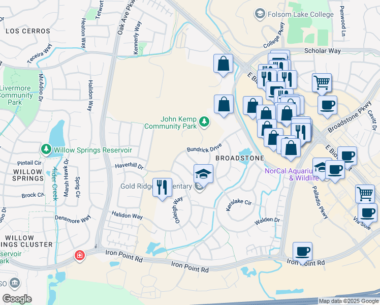 map of restaurants, bars, coffee shops, grocery stores, and more near 1321 Tippens Way in Folsom