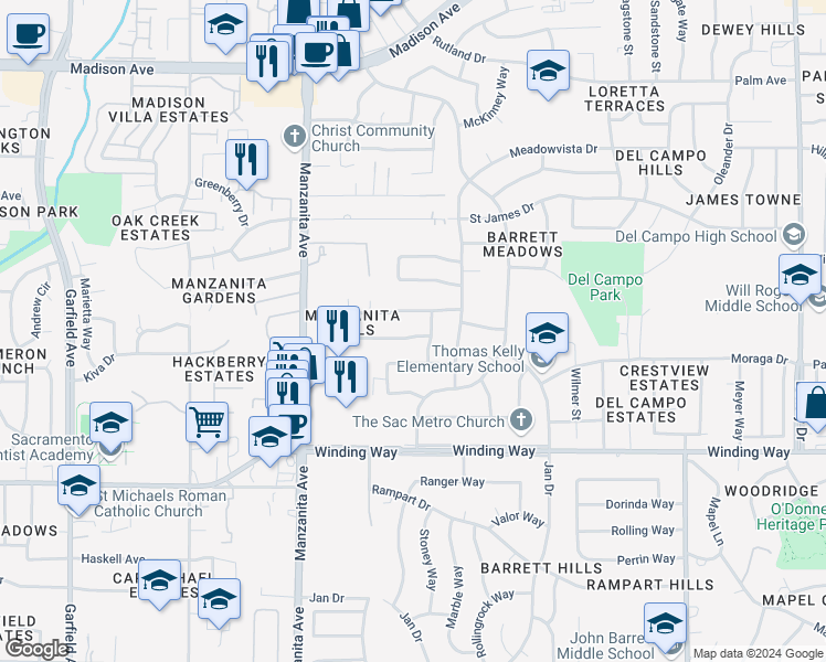 map of restaurants, bars, coffee shops, grocery stores, and more near 6053 Northcrest Circle in Carmichael