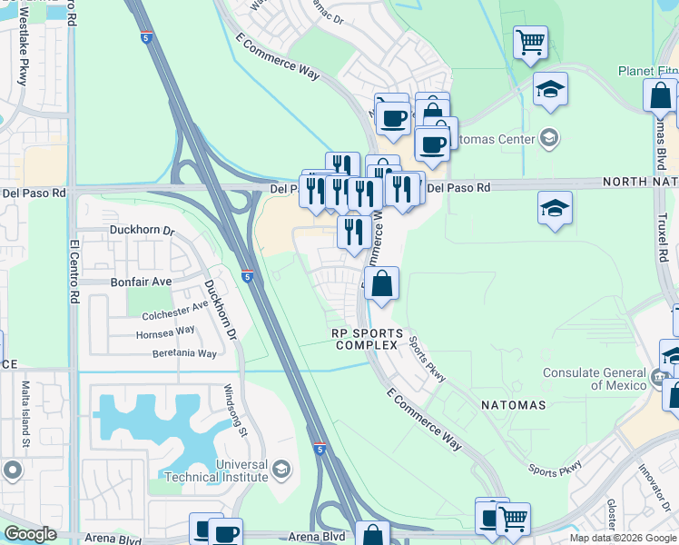 map of restaurants, bars, coffee shops, grocery stores, and more near 2938 Chatelet Walk in Sacramento