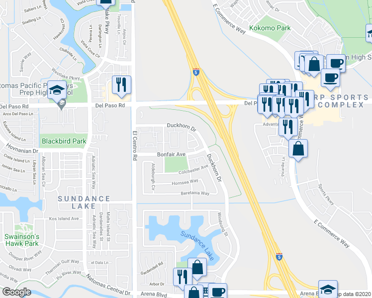 map of restaurants, bars, coffee shops, grocery stores, and more near 3401 Colchester Avenue in Sacramento