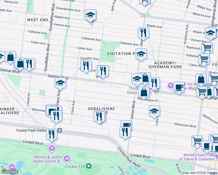 map of restaurants, bars, coffee shops, grocery stores, and more near 2 Washington Terrace in St. Louis