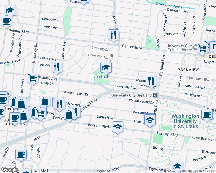 map of restaurants, bars, coffee shops, grocery stores, and more near 7211 Westmoreland Drive in University City