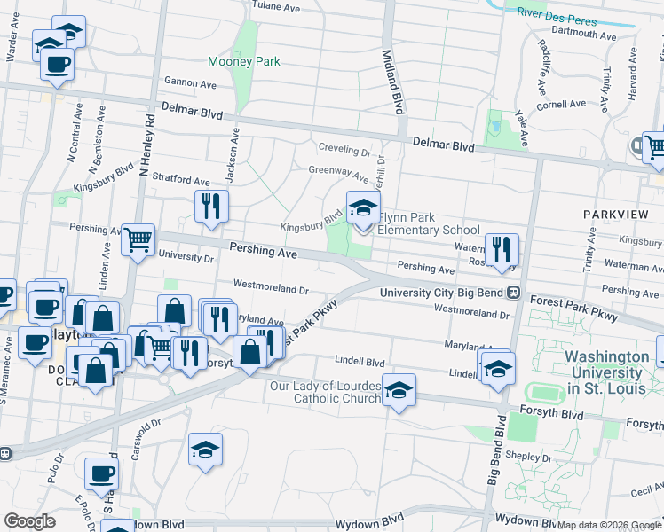 map of restaurants, bars, coffee shops, grocery stores, and more near 7299 Westmoreland Drive in University City